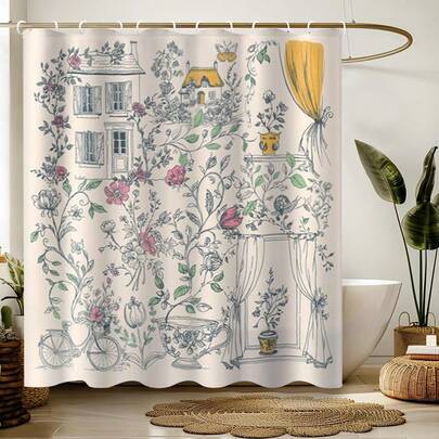1/3件/4件套乡村风格浴室帘，独特浴室装饰，乔迁礼物，法式城堡自行车图案浴帘，花卉花园图案，防滑浴室垫，U型马桶垫，马桶盖套，浴室装饰，浴室帘套装，浴室配件
