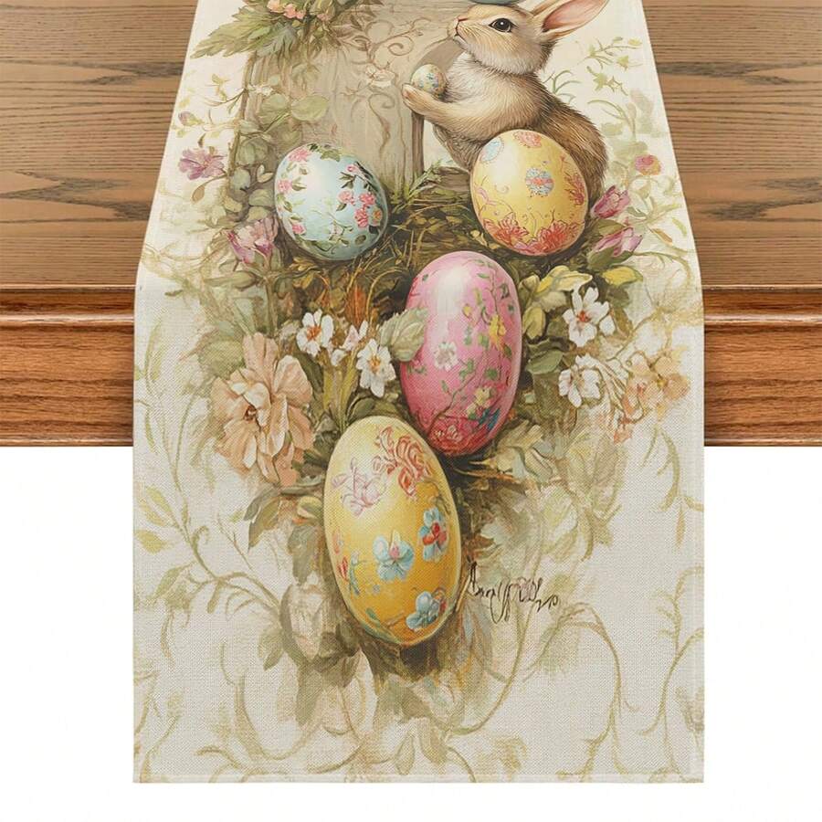 1pc Easter Home Decor, Rabbit, Easter Bunny, Easter Eggs, Happy Easter, Easter Decoration Set, Living Room Decor Set, Bedroom Decor Set, Dining Room Decor Set, Faux Linen Material, Multiple Sizes Available, Dining Table Decor, Fireplace Scarf, Placemats, Coasters, Home Accents - Multicolor - View 1