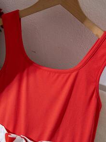 1pc Fashionable & Cute Heart Pattern Dress, Contrast Color Design, Bow Decor, Soft & Comfortable, Suitable For Vacation, Outdoor Activities, School, Vacation, Party, Valentine's Day Gift, Any Occasion, Summer - Red - View 5