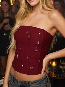 Women Tube Tops Sleeveless Strapless Rhinestone Decor Slim Fit Summer Crop Vest - Burdeos - Ver 2