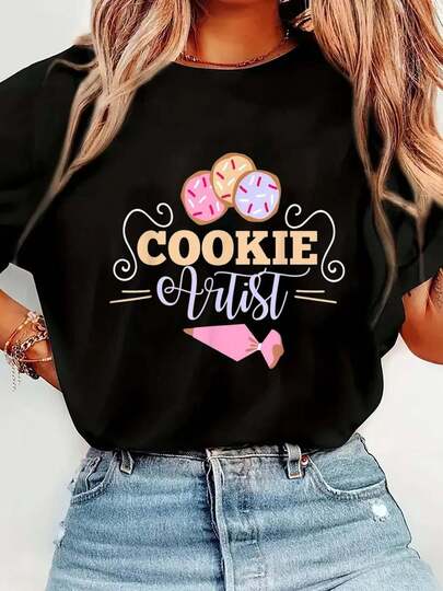 100% Cotton Cookie Decorator Baker Design For Cookie Cutter Fans T-Shirt Short Sleeve Round Neck Casual Top For Summer & Spring, Women's Men's Graphic Tee