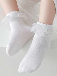 1pair Girls' White Double Layer Lace Ruffle Princess Style Socks, Suitable For Dancing And Daily Wear - White - View 1