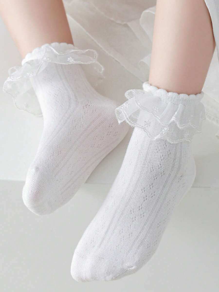 1pair Girls' White Double Layer Lace Ruffle Princess Style Socks, Suitable For Dancing And Daily Wear - White - View 1