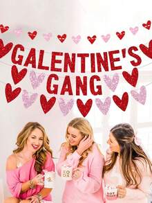 1 Set GALENTINE'S GANG Pink Glitter Letter Banner, Valentine's Day Party Background Decor Garland, Red Letter Heart Bunting Flags, Galentine's Day Valentine's Anniversary Party Decoration - Multicolor - View 4