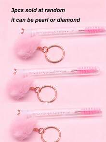 1/3/5pcs Pink Diamond & Pearl Crown Plush Ball Keychain Eyelash Brush Eyebrow Brush Portable Tube Makeup Brush Set, Convenient Travel Makeup Tool,Giveaways - Pink - View 9