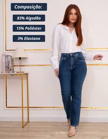 Calça Jeans Feminina Reta Sawary Original Lycra Elastano Cintura Alta Bolsos Funcionais Tradicional Confortável - Azul - Visão 5