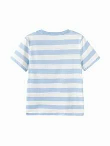 Balabala Young Boy Soft Fabric Cartoon Smiley Face Striped Print Round Neck Short Sleeve Casual T-Shirt, Loose Fit - White and Blue - View 2