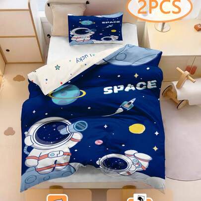 2 piezas Juego de ropa de cama con tema de astronauta de la marina, 100% tela de poliéster, impresión de dibujos animados a doble cara, adecuado para niños y niñas (1 funda de almohada de una sola cara + 1 funda de edredón de doble cara, sin relleno), adecuado para regalos, habitaciones infantiles y dormitorios estudiantiles. Tamaño de la funda de edredón: 90*200/135*200cm, Tamaño de la funda de almohada: 50*75cm.