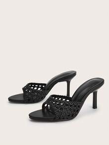 Western Wedding Party Banquet Minimalist High-End Pointed Toe Handwoven Hollow Out Ankle Strap Chunky Heel Sandals,Summer Outfits - Black - View 2