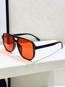 1 Pair Tortoiseshell Square Double Bridge Aviator Fashion Glasses, Suitable For Vacation, Boho Beach Outfits, Women's Beach Accessories, Basic Glasses, Autumn/Winter Women's Outfits, Business Casual, Gifts, Leopard Print - Black Frame Red Film - View 6