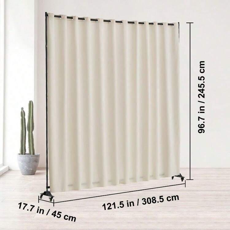 Portable Room Divider With Wheels - Freestanding Privacy Screen Curtain Panel, Adjustable Panel Room Divider Stand For Office, Bedroom, Dining Room, Study & Home Decor, Beige - Beige - View 5