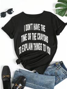 Women's Casual Graphic Tee Letter Print Short Sleeve Crew Neck T-Shirt Funny Slogan "I DON'T HAVE THE TIME OR THE CRAYONS TO EXPLAIN THINGS TO YOU" Streetwear Top - Black - View 5