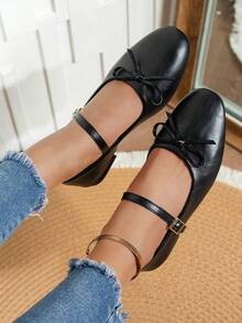Women's New Black One-Buckle Bow Decor Lightweight Luxury Fashion Versatile Mary Jane Ballet Shoes, Casual Outdoor Princess Fairy Style School Loafers, Low Heel Classic Retro European And American Style Commuter Flat Shoes