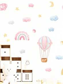 1pc Pink Hot Air Balloon, Moon, Star, Cloud Wall Sticker - Removable Decal, Suitable For Baby Girl Nursery, Bedroom, Baby Shower Party Home Decor Gift - Pink - View 3