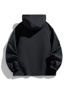 Plus Size Men's Lightweight Zip-Up Hooded Jacket, Casual Outdoor Spring/Autumn - الأسود - مشاهدة 3