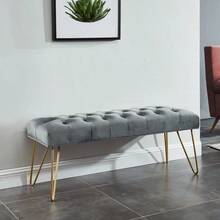 Velvet Grey Upholstery Kitchen Stool, Fabric Pull Down Bed End Stool, Multi-Functional Entrance Shoe Changing Stool, Long Bench With Metal Legs - Grey - View 2