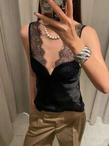 Summer Black Top Lace Tops For Women Satin Backless Going Out Top - Black - View 1