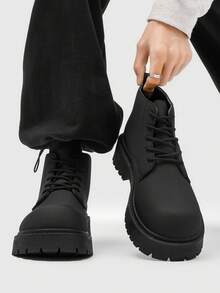 Große Größen Modische Herren High-Top Stiefel, runde Zehenkappe, dicke Sohle, abriebfest, vintage Lässig Stil, Knöchelstiefel für Herren, Outdoor Winter - Schwarz - Übersicht 2