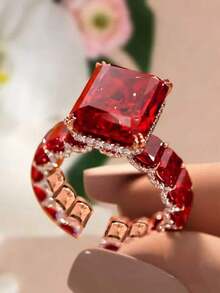 1pc Rose Gold Plated Full Rhinestone Encrusted Ruby Ring, Adjustable Women's Ring