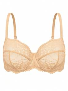 WINGSLOVE Plus Size Floral Lace Bra - Sheer Design, Wireless & Unpadded, Flattering For Larger Busts, Comfortable For Everyday Wear - Apricot - View 8