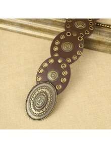 Cinto Masculino De Pu Estilo Boêmio, Cor Café Com Estampa De Bolinhas E Fivela De Metal Com Padrão Floral. Elegante E Perfeito Para Uso Diário. - Castanho - Ver 5