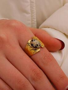 1 chiếc nhẫn đá tự nhiên màu hổ phách cổ điển hình bầu dục, nhẫn hở hình học bằng vàng dành cho nữ, quà tặng trang sức cho tiệc cưới. - Vàng - Xem 9