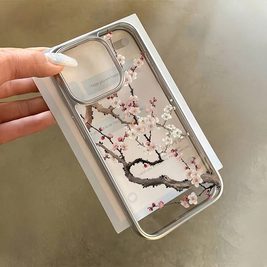 1pc Electroplated Glossy Simple Branch & Flower Pattern Phone Case, Compatible With IPhone 16 Pro Max, 17/16/15/14 Plus, 13/12/11 Protective Cover - Multicolor - View 1