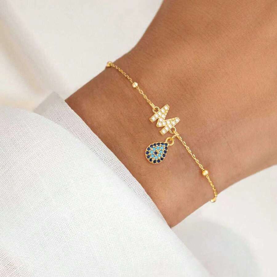 1pc New Classic Initial Water Drop Pendant Golden Stainless Steel Bead Chain Bracelets For Women - Yellow Gold - View 1