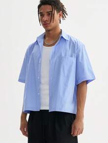 Men's Boxy Oversized Striped Button Up Shirt - 藍色 - 查看 2