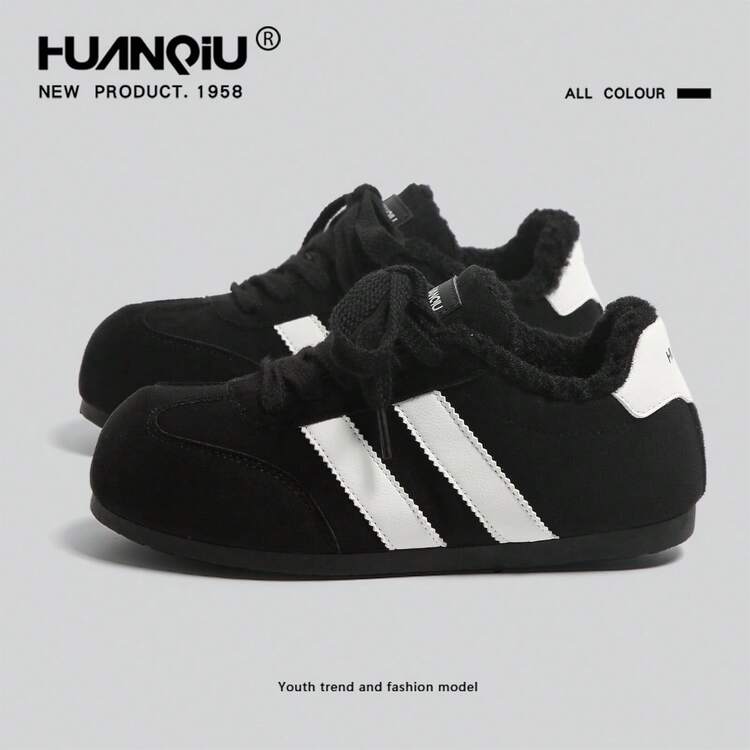 HUANQIU Chinelo de lã com cadarço HUANQ, cor sólida, preto, bico aberto, modelo bolha, novo calçado esportivo casual feminino para o inverno, tênis esportivos de treino com design diferenciado. - Preto - Ver 15