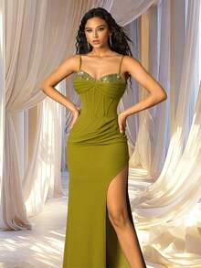 VIPGIRL 芥末黄吊带高开衩晚礼服，带鱼骨紧身胸衣和亮片鱼尾裙摆，伴娘和婚礼宾客礼服，修身正式舞会礼服，内置胸垫 - 軍綠色 - 查看 7