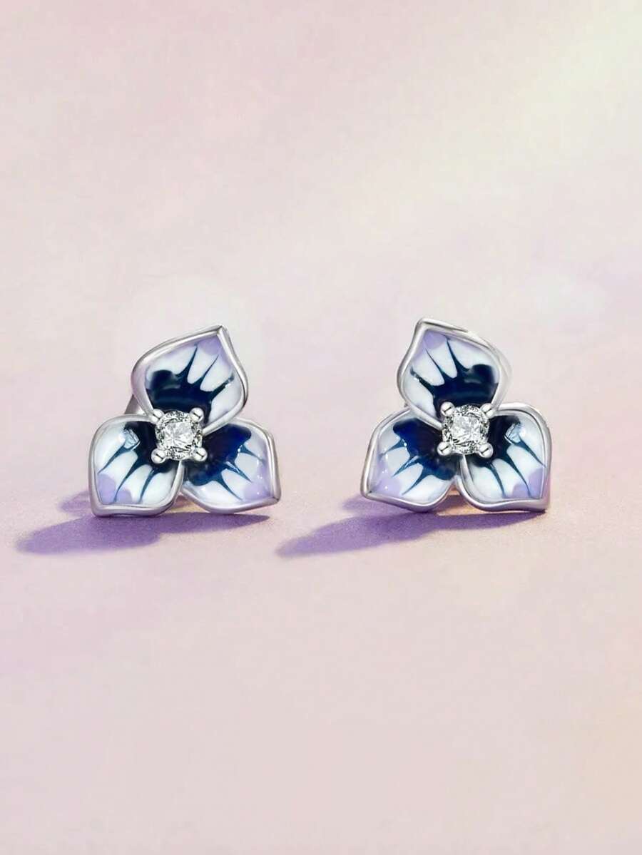 1 Đôi bông tai hình hoa tối giản đính đá Cubic Zirconia, phù hợp cho nữ, thích hợp cho đám cưới, lễ đính hôn, kỷ niệm, tiệc tùng, ngày Valentine và các dịp khác. - Bạc - Xem 1
