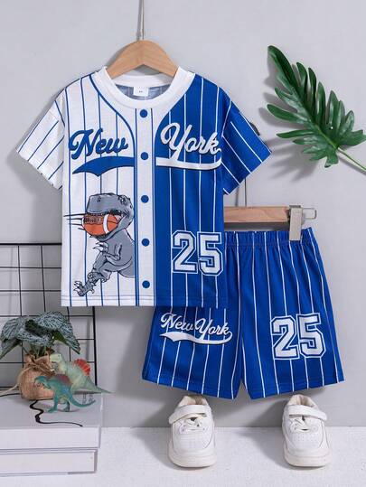 男童休闲条纹随机印花装饰落肩短袖上衣和松紧腰短裤套装（2件套），春夏款