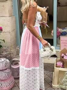 Women Ditsy Floral Contrast Lace Backless Sleeveless Halter Long Dress, Boho,Vacation, Wedding, Summer Dress, Vacation Outfits Women,Old Money,  Saint Patrick  St Patrick Day Outfit, Easter Dress Women,Backless Dress, Cowgirl Outfit, Wedding Dress - Multicolor - View 7