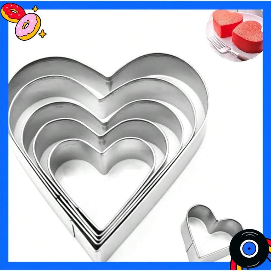 5PCS Stainless Steel Heart Shape Cookie Cutter Biscuits Cutters Cake Mould Decorating Baking Pan Tin DIY Cake Mould Kitchen Supplies - 預設 - 查看 1