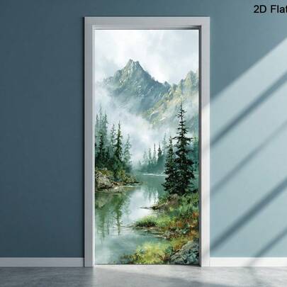 1/2 piezas Diseño plano 2D, Pegatina de puerta desprendible con vista a la montaña, Decoración de puerta de estilo moderno de bosque, Pegatina de privacidad de puerta de oficina con vista al lago, Pintura de puerta de vinilo extraíble con efecto de niebla, Adecuado para sala de estar, dormitorio y estudio.