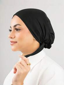 1件纯色简约时尚柔软系带头巾头巾帽，女士头饰，适合搭配穆斯林头巾服饰，日常穿着及户外运动。 - 黑色 - 查看 1