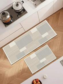 1pc Silica Gel Kitchen Floor Mat, Geometric Patchwork Striped Pattern: White Base With Interlocking Light Gray/Pale Gray Blocks, Each Block Filled With Dense Horizontal Line Textures, Presenting A Minimalist Modern Geometric Style. - Multicolor - View 2