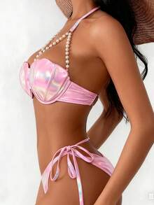 Mermaid Swimsuits For Women Push Up Beaded Seashell Bikini Top Bottom Sets Underwire Bathing Suits - 粉色 - 查看 4