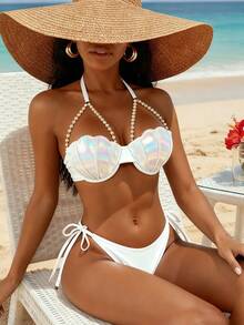 Mermaid Swimsuits For Women Push Up Beaded Seashell Bikini Top Bottom Sets Underwire Bathing Suits - White - View 1