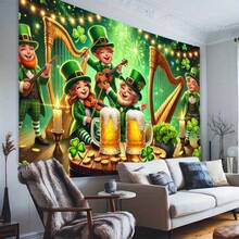 1pc St. Patrick's Day Background Fabric With Background Design Of Wine Glasses And Clover Elves, Polyester Fabric Suitable For Parties, Patios, Home Front Decorations And Photo Shoot Background Decorations - Multicolor - View 4