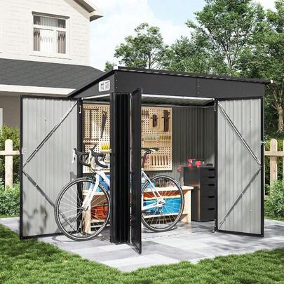 Nordivale Outdoor Storage Shed 4x8 FT With Lockable Metal Door Cabinet & Sloping Roof For Garden, Patio, Courtyard Tool & Bicycle Storage​