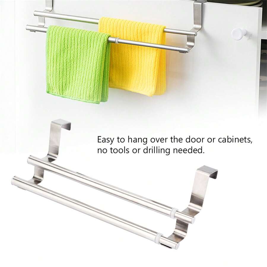 Double-Layer Stainless Steel Telescopic Towel Rack: Versatile Organizer For Bathroom And Kitchen. - Silver - View 1