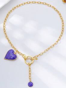 1件 时尚3D合金涂层凸面紫色心形金色水滴吊坠项链 - 紫丁香色 - 查看 4