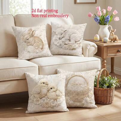 4pcs Easter Sleeping Bunny, Lamb, Chick, Floral Egg Basket Print Pillow Covers, Soft & Comfortable Polyester, 45x45cm (17.72x17.72inch), Zippered, Suitable For Home Decor, Living Room, Bedroom, Porch, Garden, Hotel, Cafe, Outdoor (Cushion Covers Only - Insert Not Included)