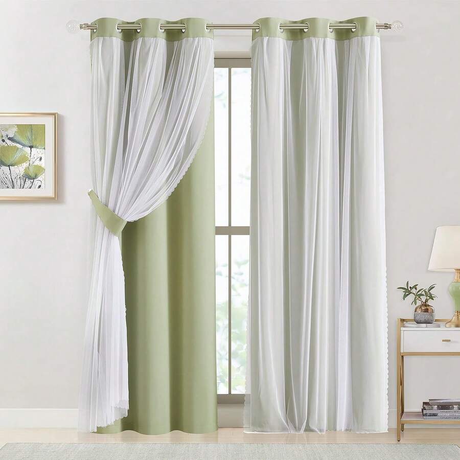 Beige 80% Blackout Curtains With Sheer Overlay, Double Layer Thermal Insulated Window Panels, 63 Inch, Living Room And Bedroom, Beige Drapes With Tiebacks, Grommet Top, 37 X 63 L X 2, Modern Home Decor - 鼠尾草綠 - 查看 1
