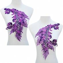[Free Shipping]Silvora Pair Embroidery Phoenix Costume Sequin Appliques Patches, Peacock Feather Tail Applique Embellishments For Dance Dresses,Clothes,T-Shirt,Neckline Bodice Pants (Purple) - 紫色 - 查看 3