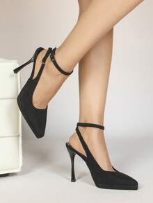 Women's Pointed Toe Thick Sole Backless Sandals With Metal Buckle, Elegant Basic High Heel Shoes For Summer & Autumn - Black - View 5