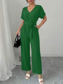 Women's Jumpsuit Casual Short Sleeve Wrap V Neck Belted Wide Leg Pants - 綠色 - 查看 5