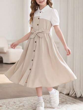 Vestido casual de moda para niñas de 8 a 12 años,vestido de parches con contraste de colores en el cuello, estilo señorial, adecuado para vacaciones informales, gran regalo para niñas